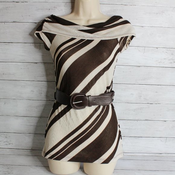 HeartSoul Women's Tunic Sweater Size XS Brown Beige Stripe Belted - Picture 1 of 7